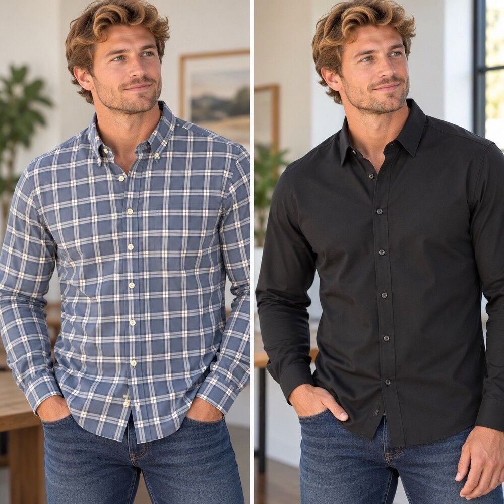 Lot Of 2 Ben Sherman Slim Fit AllWay Stretch Mens Med Blue And Black Long Sleeve